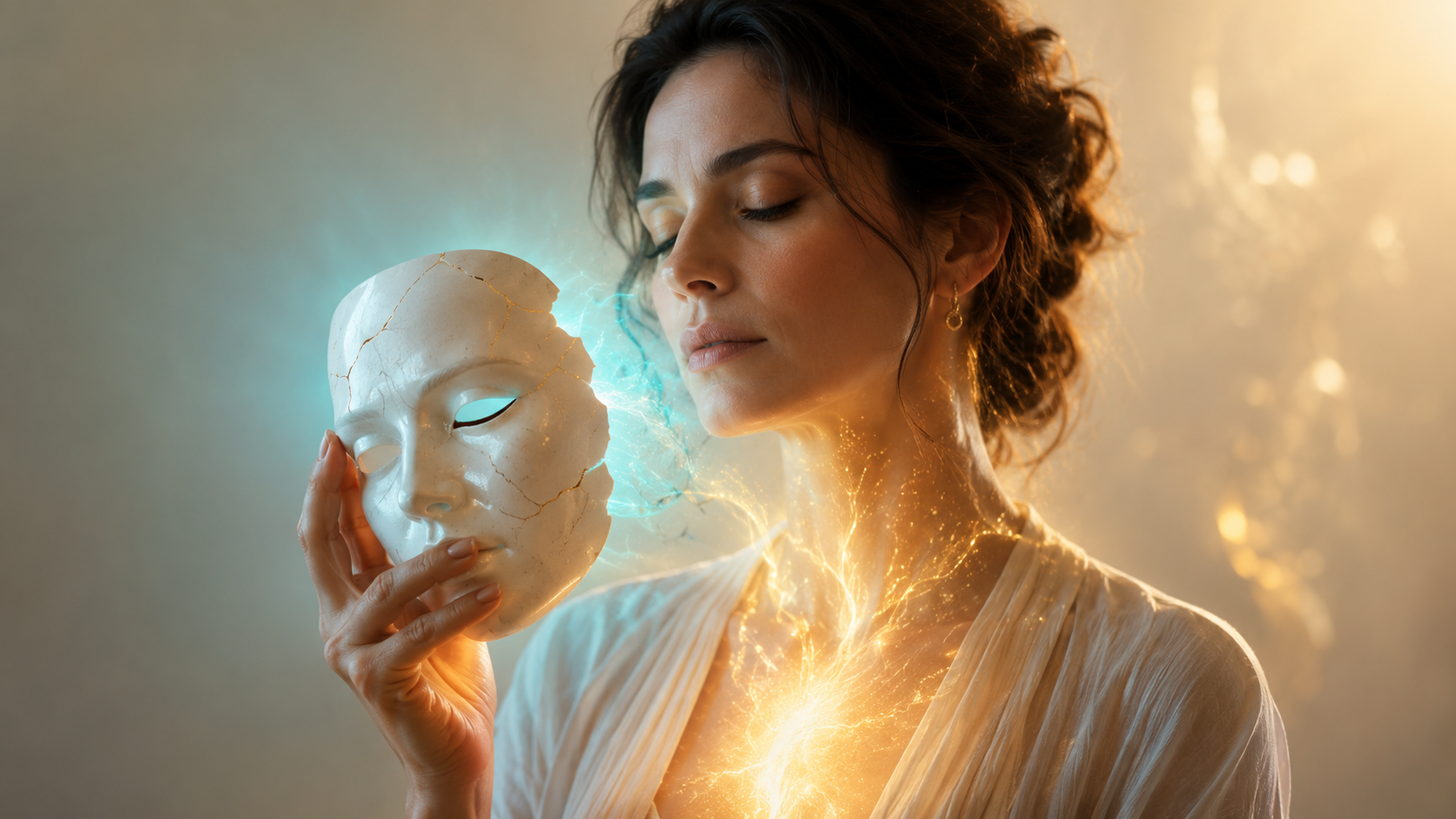 Masque-autosabotage Personne retirant un masque fissuré pour symboliser l’autosabotage, les croyances limitantes et la libération des mécanismes de protection intérieure.