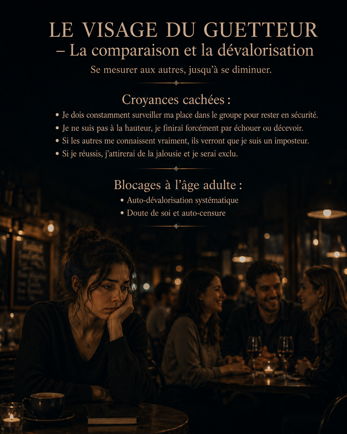femme seule dans un bar qui se compare avec les autres tables