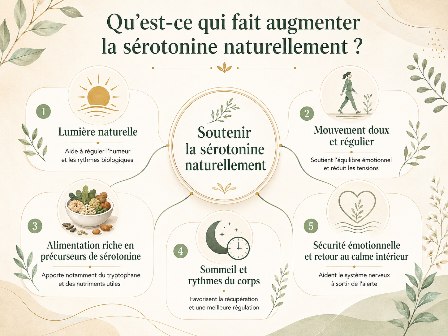 Infographie sur la sérotonine naturelle montrant comment augmenter la sérotonine naturellement grâce à la lumière, au mouvement, à l'alimentation, au sommeil et à la sécurité émotionnelle.