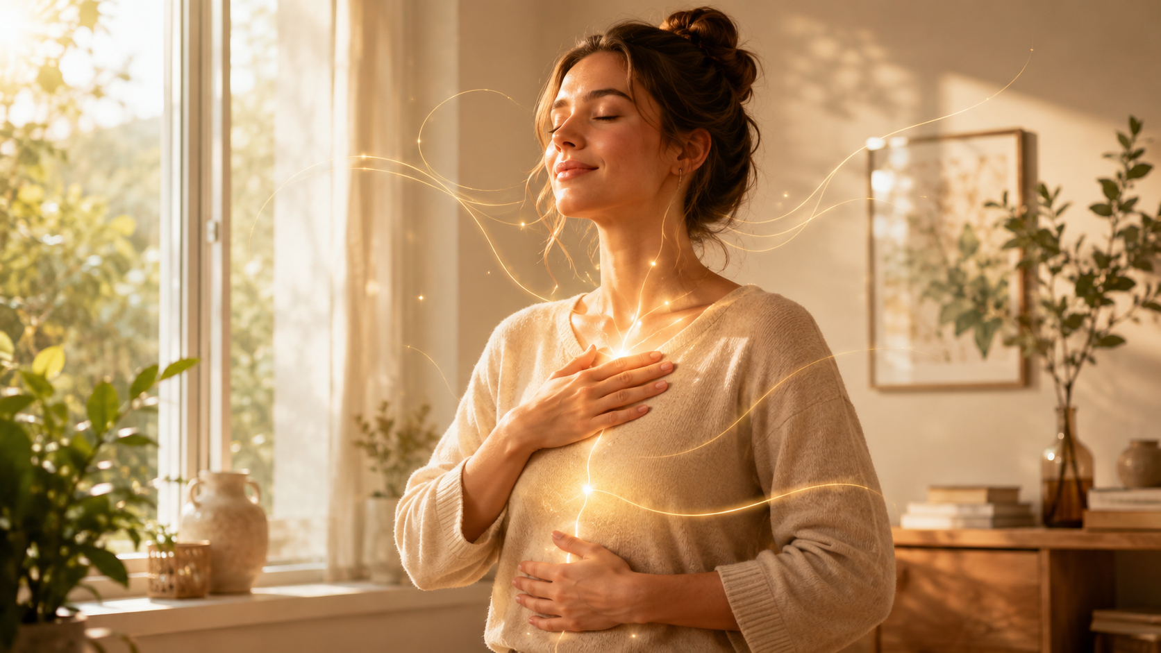 Personne apaisée en lumière, les mains posées sur le cœur et le ventre, illustrant la sérotonine, le bien-être naturel et la régulation émotionnelle.