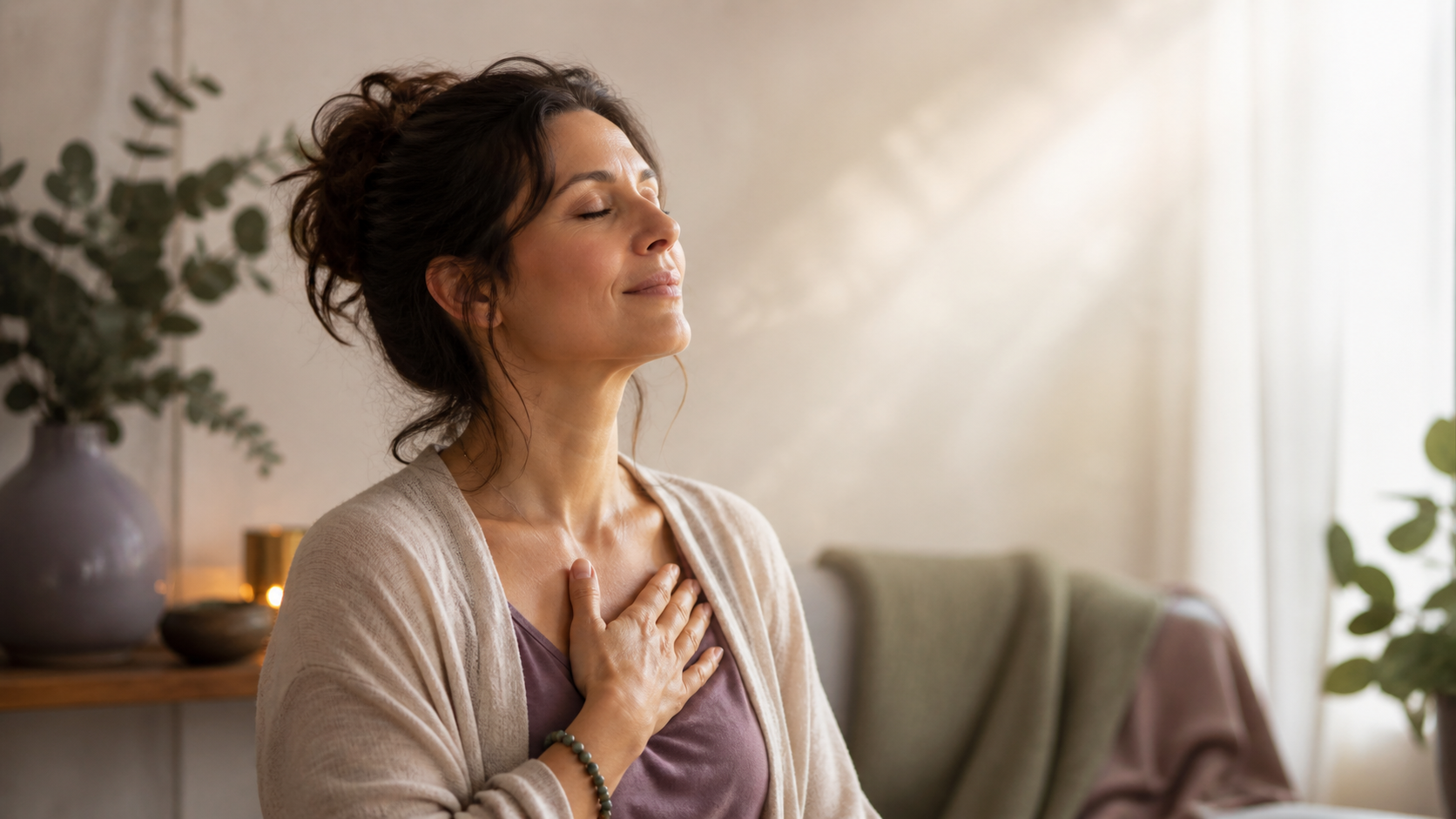 Femme en posture d’apaisement intérieur pratiquant Ho’oponopono pour se libérer de la culpabilité