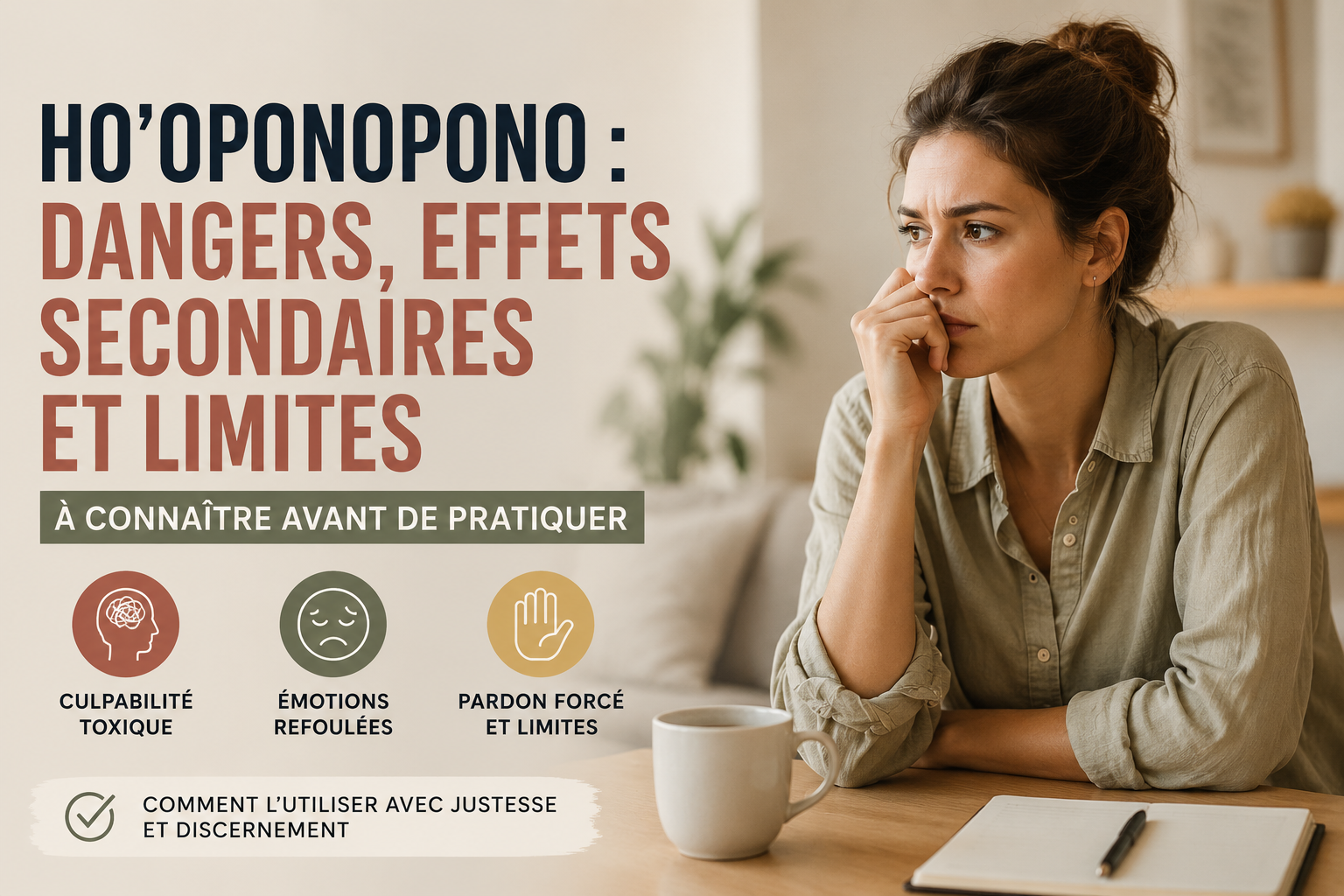 Image d'une femme pensive dans un intérieur calme, illustrant les dangers de Ho'oponopono, ses effets secondaires possibles et ses limites, notamment la culpabilité toxique, les émotions refoulées et le pardon forcé.