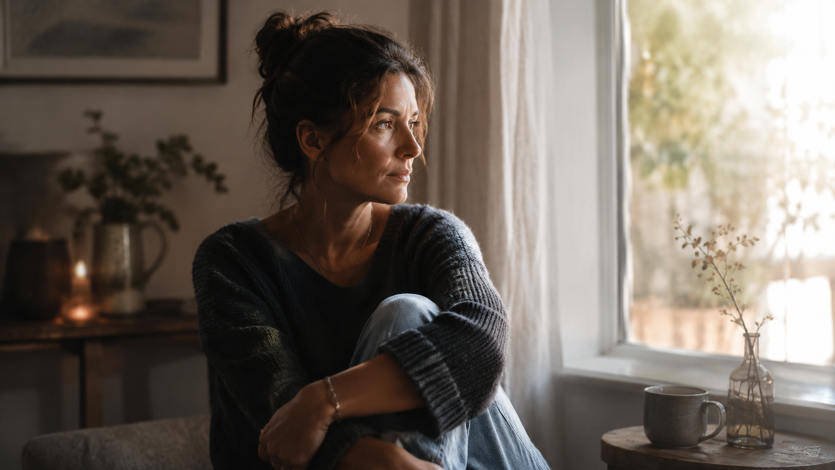 Femme assise près d’une fenêtre, dans un moment de tristesse et de reconstruction après une rupture amoureuse, pour illustrer les 7 étapes du deuil amoureux.