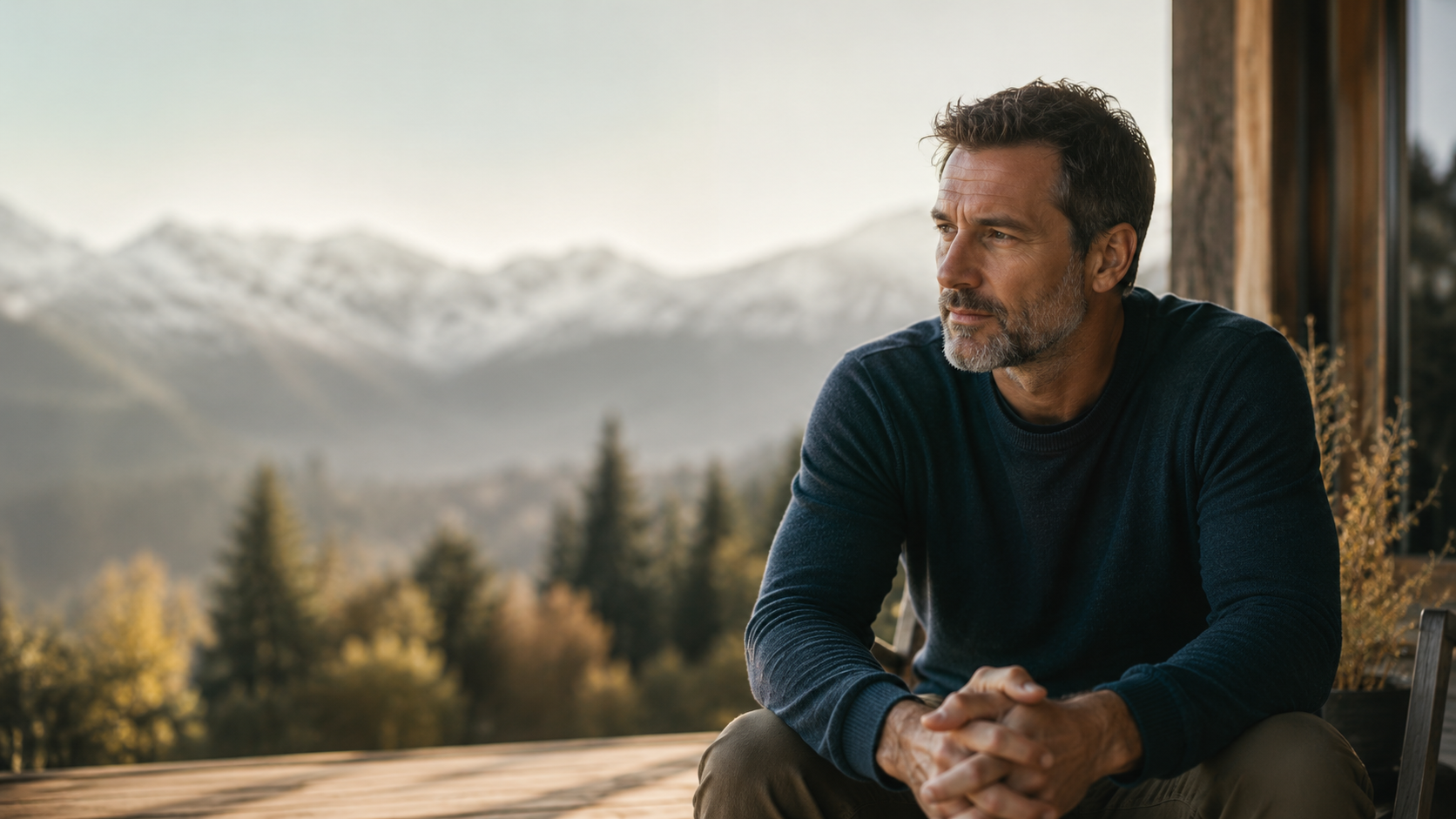 Homme en introspection face aux montagnes lors d'un stage masculin sacré en Haute-Savoie autour de l'enfant intérieur masculin